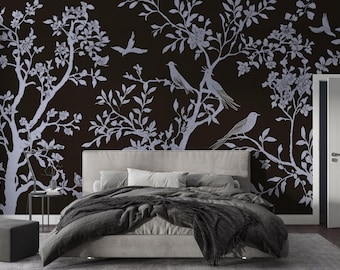 Dark Chinoiserie Wallpaper Bedroom Peel and Stick, Silver Oriental Wallpaper Sakura Blossom Tree Wall Mural, Birds Chinese Wall Paper Modern