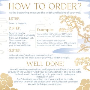 The image is a step-by-step guide on how to order wallpaper for a wall. It provides instructions on selecting a material, a nearby size, and a well-sized wallpaper, as well as the final step of receiving the personalized wallpaper.