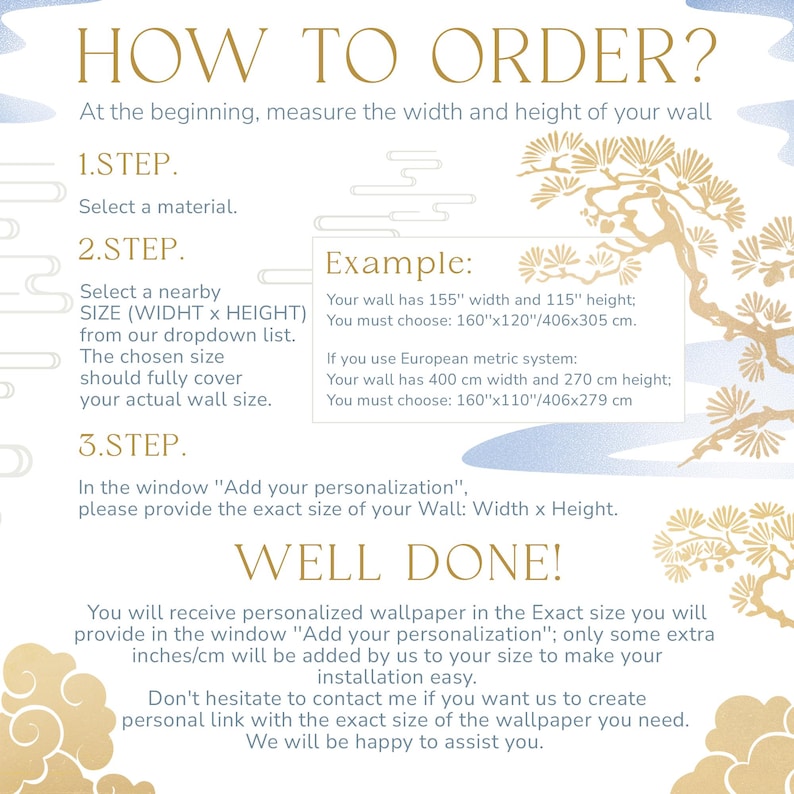 The image is a step-by-step guide on how to order wallpaper for a wall. It provides instructions on selecting a material, a nearby size, and a well-sized wallpaper, as well as the final step of receiving the personalized wallpaper.