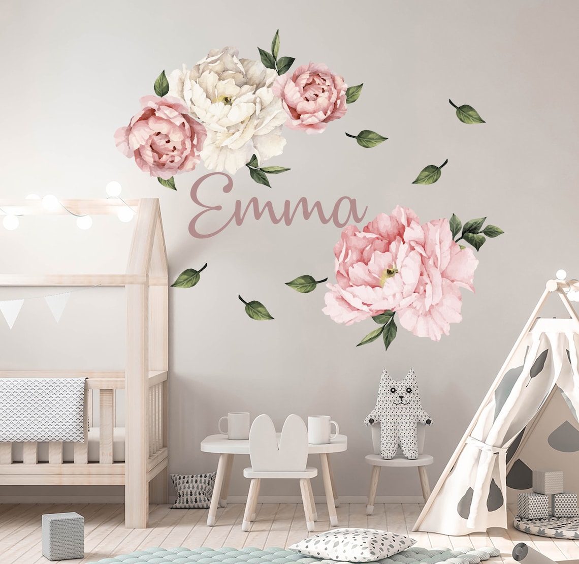 Girl Name Wall Art Nursery Peony Flower Wall Decals Peony Etsy
