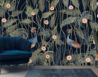 Dark Blue Chinoiserie Wallpaper Peel and Stick, Chinese Crane Wall Mural Removable, Green Tropical Wall Paper Accent Roll, Scenic Birds Wall
