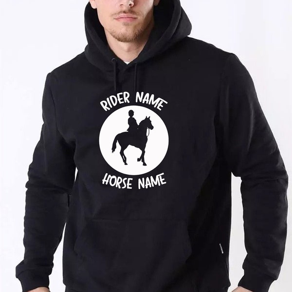 Personalized horse rider hoodie hoody hood hooded pony top dressage xmas present gift top uk customized names rider and horse name
