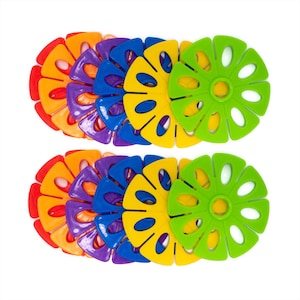 May include: A set of ten colorful plastic flower-shaped discs. The discs are arranged in a rainbow pattern, with red, orange, yellow, green, blue, indigo, and violet. Each disc has a hole in the center.