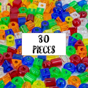 Lacing Beads - 30 Count - Medium Sized Transparent Colors - Bird Toy Part, Plastic Lacing Beads, Sugar Glider Toy Part