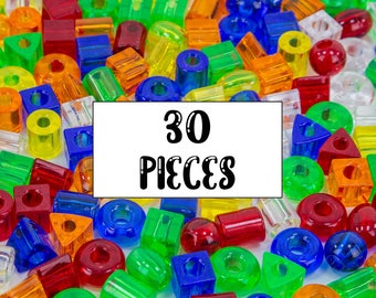 Lacing Beads - 30 Count - Medium Sized Transparent Colors - Bird Toy Part, Plastic Lacing Beads, Sugar Glider Toy Part