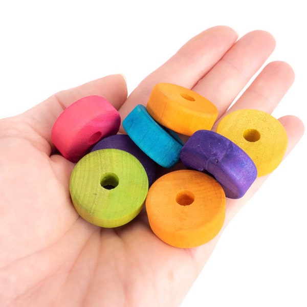 Small Flat Wooden Wheels - 1" x 3/8" (Set of 24) - Hand Colored Bird Toy Part, Toy Car Wheel