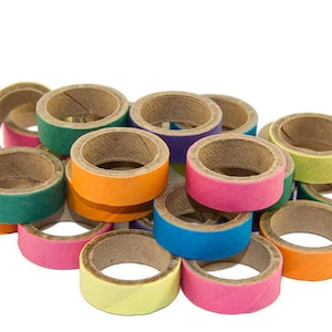 May include: A pile of colorful paper rings, stacked and overlapping. The rings are made of cardboard and are decorated with different colors, including green, orange, pink, blue, and yellow.