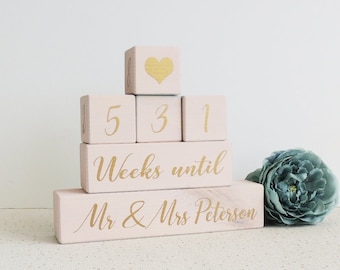 personalised wedding countdown, pink and gold gift, wedding days, days until, wooden countdown, countdown blocks, fiance gift, engagement