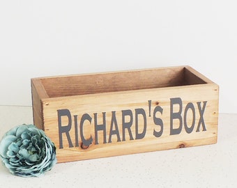 personalised wooden box, father's day gift, toiletry box, gift for him, storage box, rustic box, remote caddy, wooden, rustic decor