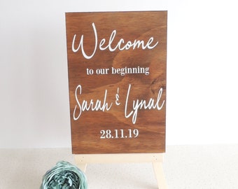 welcome wedding sign, wedding couple sign, our beginning, sign for wedding, wooden signs, sign with stand, bar sign, guests decor,