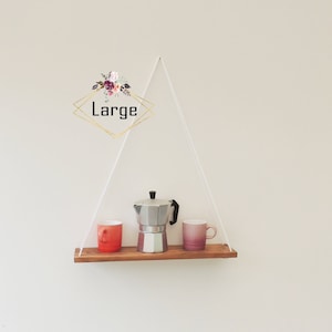 white rope shelf, string shelves, modern decor, wall shelving, wooden string art, display shelves, dorm decor, kitchen walls, string