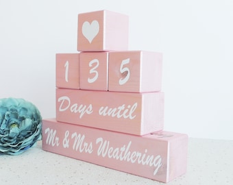personalised wedding countdown, pink, girl countdown, wedding days, days until, wooden countdown, countdown blocks, fiance gift, engagement