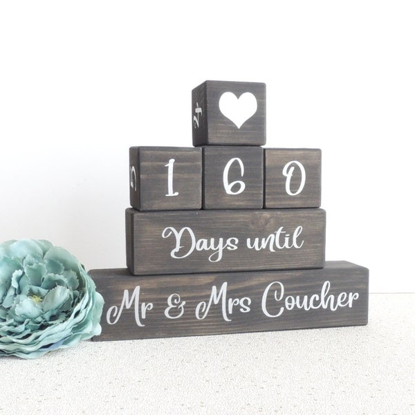 personalised wedding countdown, black and silver, wedding days, days until, wooden countdown, countdown blocks, fiance gift, engagement.