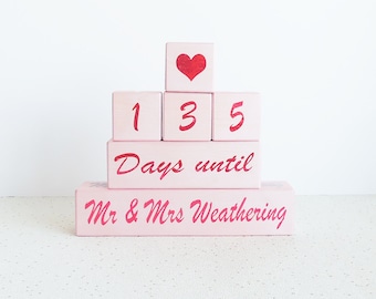 personalised wedding countdown, pink, girls countdown, wedding days, days until, wooden countdown, countdown blocks, fiance gift, engagement