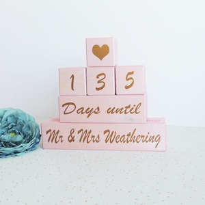 personalised wedding countdown, pink, girl countdown, wedding days, days until, wooden countdown, countdown blocks, fiance gift, engagement