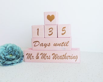 personalised wedding countdown, pink, girl countdown, wedding days, days until, wooden countdown, countdown blocks, fiance gift, engagement