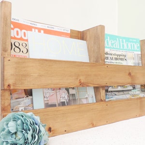 Magazine rack, recipe book display, wooden decor, newspaper storage, wooden home decor, menu holder, book shelves, freestanding, wall shelf