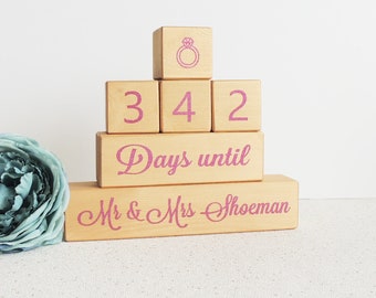 wedding countdown, pink and gold, personalised wedding calender, countdown blocks, engagement gift, pink and gold, gift for fiance, days til