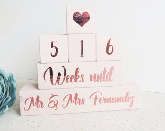 wedding countdown, rose gold, personalised wedding calender, countdown blocks, engagement gift, pink and gold, gift for fiance, count to day