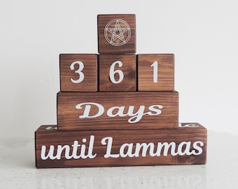wiccan festival countdown, days till celebration, witch countdown. wooden wicca decor