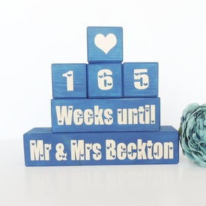 personalised wedding countdown, blue and cream, wedding days, days until, wooden countdown, countdown blocks, fiance gift, engagement