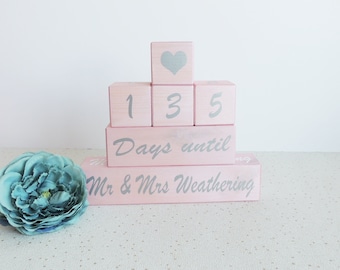 personalised wedding countdown, pink, girl countdown, wedding days, days until, wooden countdown, countdown blocks, fiance gift, engagement