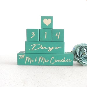 wedding countdown blocks, days until we get married, one year countdown, weeks until i do, wedding calender, gift for bride to be, green,