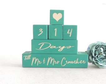 wedding countdown blocks, days until we get married, one year countdown, weeks until i do, wedding calender, gift for bride to be, green,