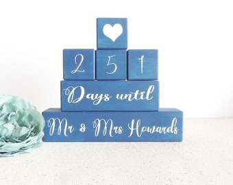 personalised wedding countdown, navy and white, wedding days, days until, wooden countdown, countdown blocks, fiance gift, engagement