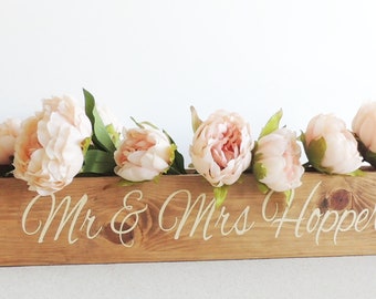 Rustic wedding planter, personalised wooden decor, wedding top table, rustic planters, bride and groom names, jar holder, top table planter