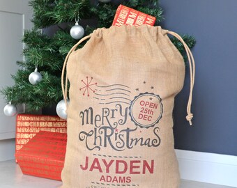 Personalised Christmas Stamp Hessian Sack