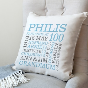 Personalised 100th Birthday Word Art Cushion