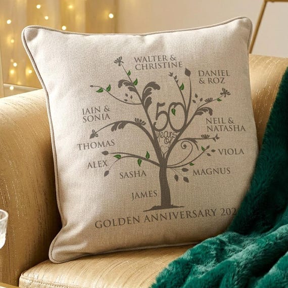 Personalisierte goldene Familie Jubiläum Baum Kissen