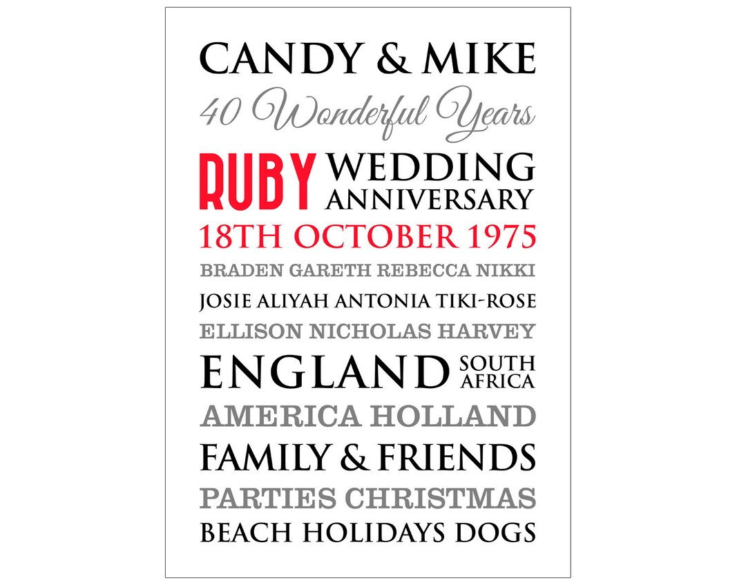 Personalised Ruby Wedding Anniversary Art Digital File Etsy