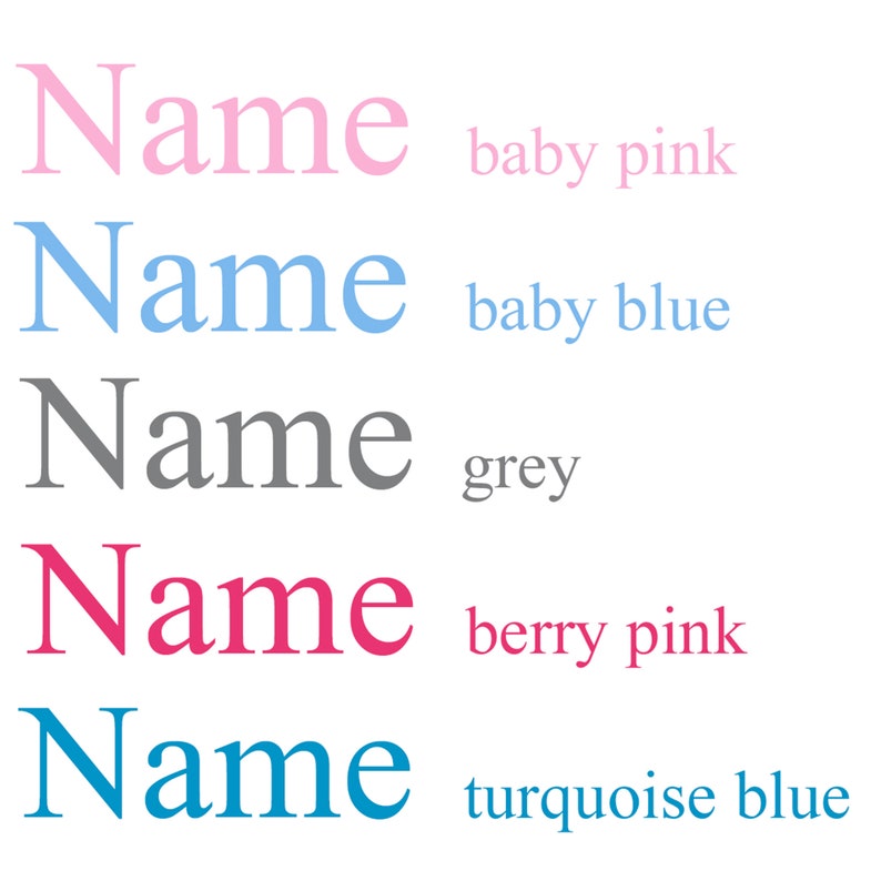 K&ouml;nnte beinhalten: Wei&szlig;er Hintergrund mit dem Wort "Name" in Babyrosa, Babyblau, Grau, Beerenrosa und T&uuml;rkisblau. Jede Farbe ist mit ihrem entsprechenden Farbnamen versehen.