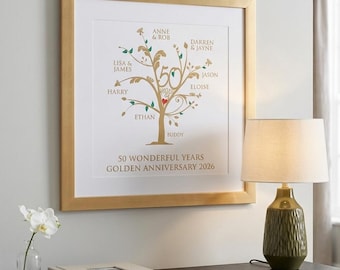 Personalisierter goldener Familienjubiläumsbaum-Druck