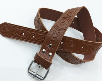 New Scaffolding Brown 2 Inches Embossed Designer Leather Celetic Pattern Casual Belt