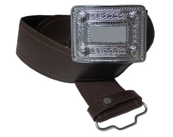 Men's Scottish Leather Kilt Belt with Buckle Celtic Brown Kilt Belt - Velcro Adjustment | Small Medium Large X Large Sizes gift for him