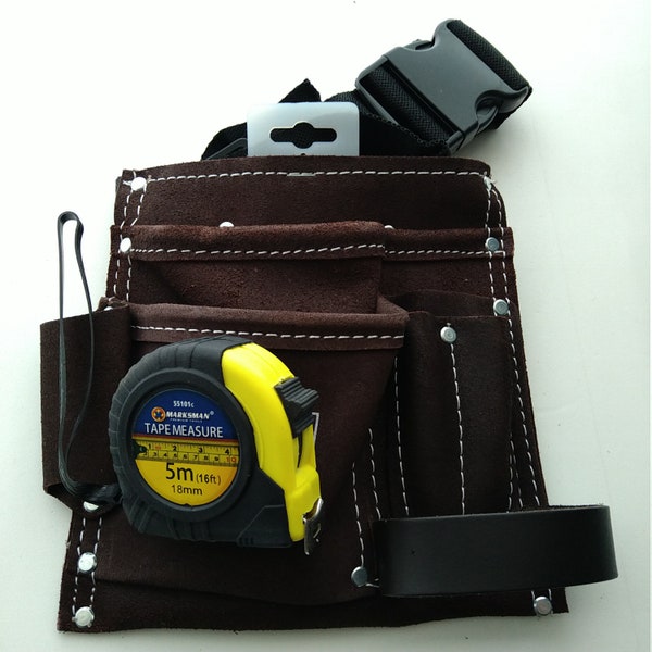 6 Pocket Leather Tool Belt Leather Pouch Builders Work Apron Bag | 5 M Tape Measure | Hammer Holder Loop | Mini Tools Holder