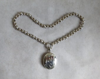 Victorian Silver Locket Necklace - Engraved Heron, Chunky Chain, 1880s