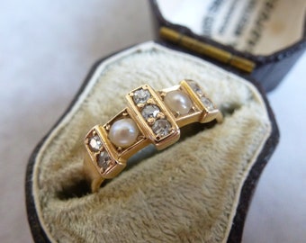 Antique 15ct Gold Pearl Diamond Ring - Victorian, UK Size K.5+