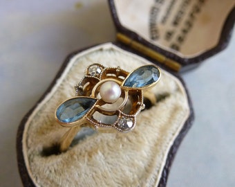 Antique 18ct Gold Aquamarine Pearl Diamond Ring – UK Size M