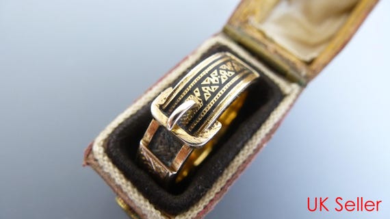 Victorian 15ct Gold Mourning Ring – Buckle, Black Enamel, Hair Inset - UK Size K