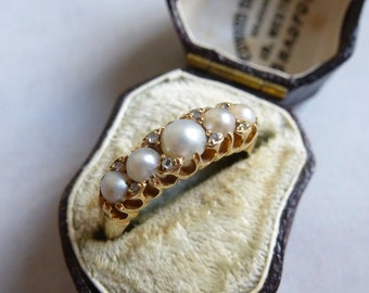 Antique 18ct Yellow Gold 5 Stone Pearl and Diamond Ring - Hallmarked Chester 1919 - UK Size N.5