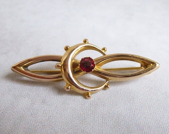 Antique Victorian 9 ct Gold Brooch With Crescent Moon and Red Garnet