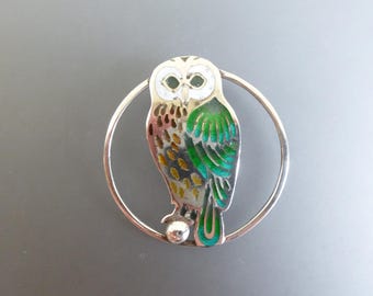 Puede incluir: Un broche de plata con forma de búho con detalles de esmalte verde y amarillo. El búho está posado en un anillo de plata.