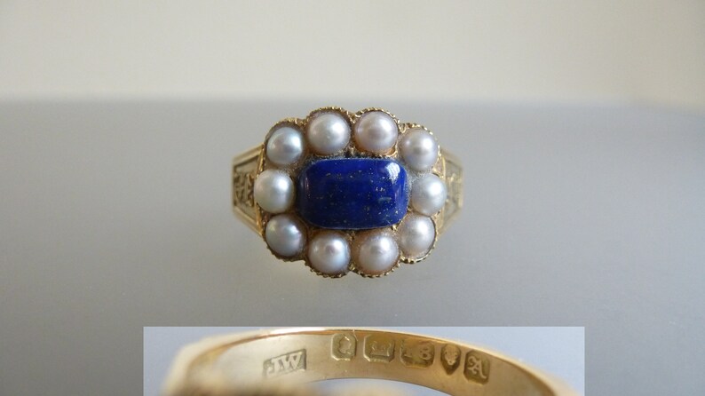 Bague perle de rocaille en lapis-lazuli du XIXe siècle Ancien monument commémoratif de l'époque géorgienne victorienne Taille P UK 7,75 US image 6