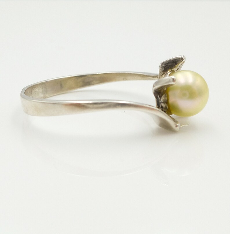 Silver Pearl Ring June Birthstone Pearl Anniversary Gift for Her Modernist Bypass Solitaire Engagement Ring
