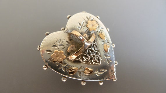 Victorian Silver Heart Flower Basket Brooch with … - image 4