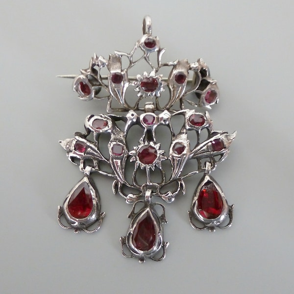 Antique Georgian 18th Century Silver Girandole Foiled Back Garnet Floral Pendant Brooch